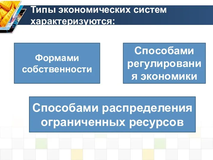 Типы экономических систем характеризуются: Формами собственности Способами распределения ограниченных ресурсов Способами регулирования экономики