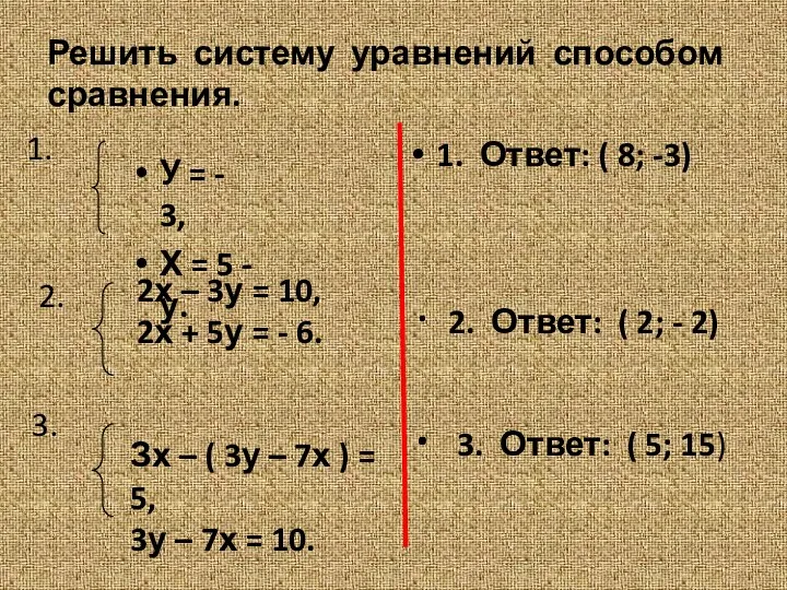 Решить систему уравнений способом сравнения. 1. Ответ: ( 8; -3) ·