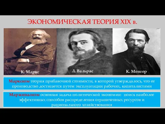 ЭКОНОМИЧЕСКАЯ ТЕОРИЯ XIX в. К. Менгер Л. Вальрас Марксизм теория прибавочной