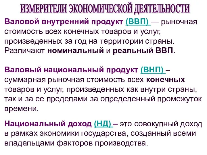 Валовой внутренний продукт (ВВП) — рыночная стоимость всех конечных товаров и