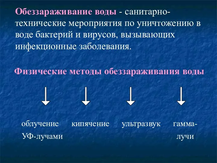 Обеззараживание воды - санитарно-технические мероприятия по уничтожению в воде бактерий и