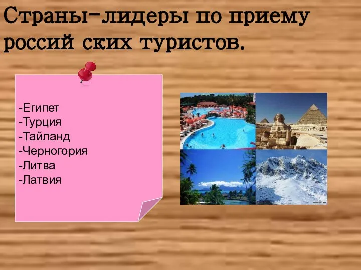 Страны-лидеры по приему российских туристов. -Египет -Турция -Тайланд -Черногория -Литва -Латвия