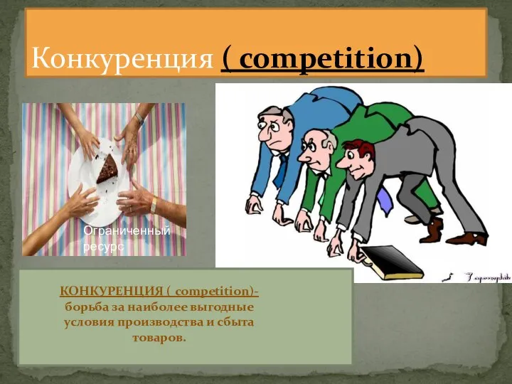 Конкуренция ( competition) Ограниченный ресурс КОНКУРЕНЦИЯ ( competition)- борьба за наиболее