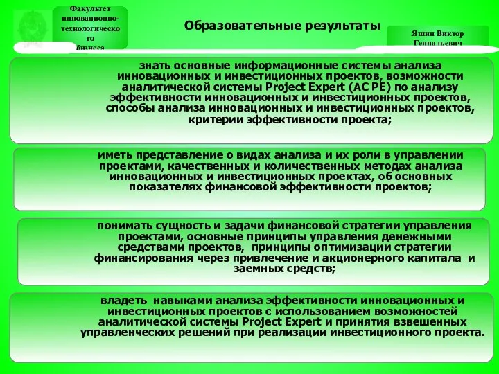 Яшин Виктор Геннадьевич Факультет инновационно- технологического бизнеса Факультет инновационно- технологического бизнеса