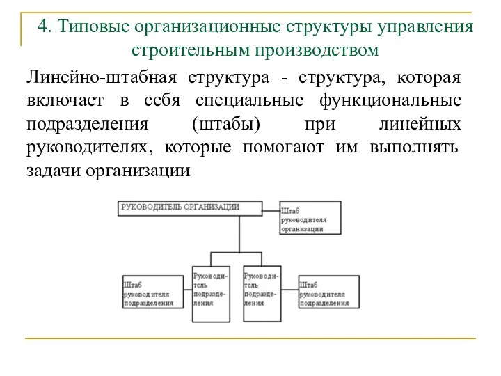 4. Типовые организационные структуры управления строительным производством Линейно-штабная структура - структура,