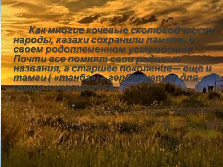 Как многие кочевые скотоводческие народы, казахи сохранили память о своем родоплеменном