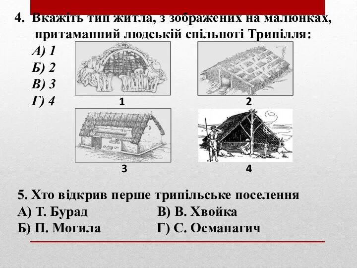 4. Вкажіть тип житла, з зображених на малюнках, притаманний людській спільноті