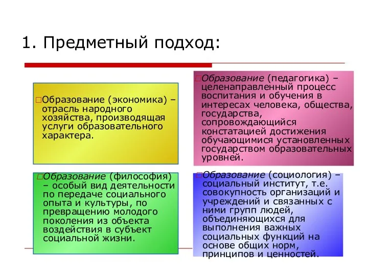 1. Предметный подход: Образование (экономика) – отрасль народного хозяйства, производящая услуги