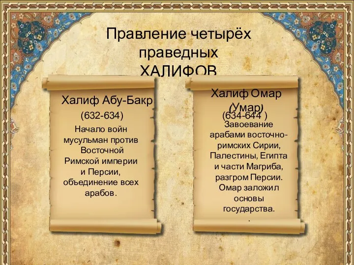 Правление четырёх праведных ХАЛИФОВ Халиф Абу-Бакр (632-634) Начало войн мусульман против