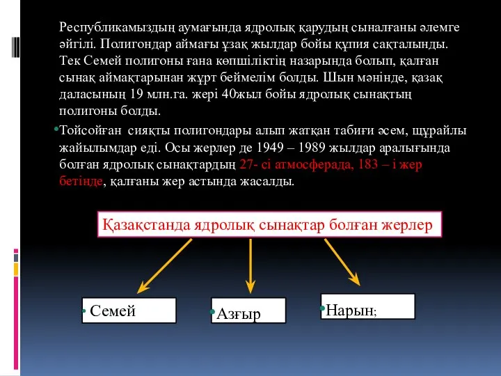 Республикамыздың аумағында ядролық қарудың сыналғаны әлемге әйгілі. Полигондар аймағы ұзақ жылдар