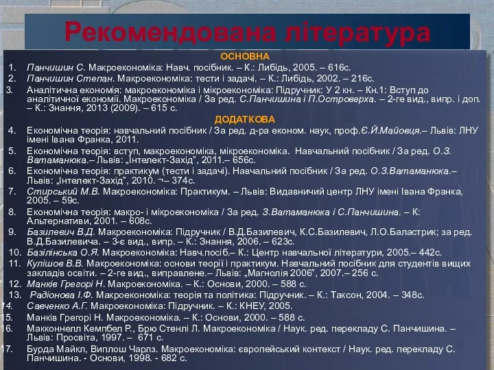 Рекомендована література ОСНОВНА 1. Панчишин С. Макроекономіка: Навч. посібник. – К.: