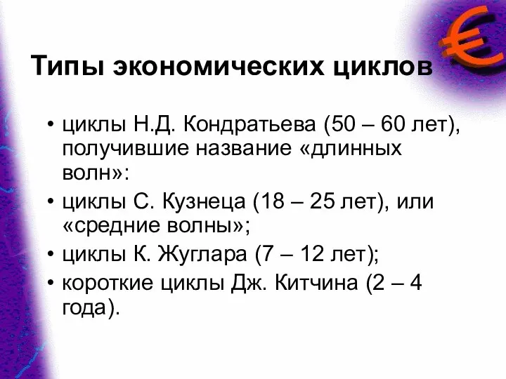 Типы экономических циклов циклы Н.Д. Кондратьева (50 – 60 лет), получившие