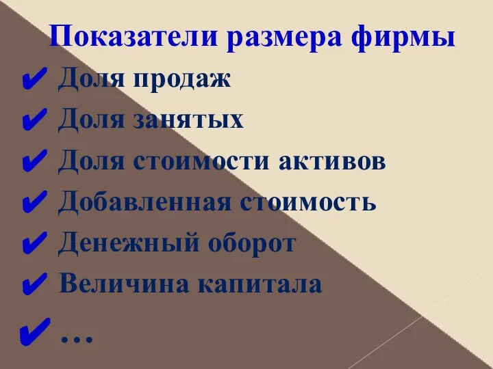 Показатели размера фирмы Доля продаж Доля занятых Доля стоимости активов Добавленная