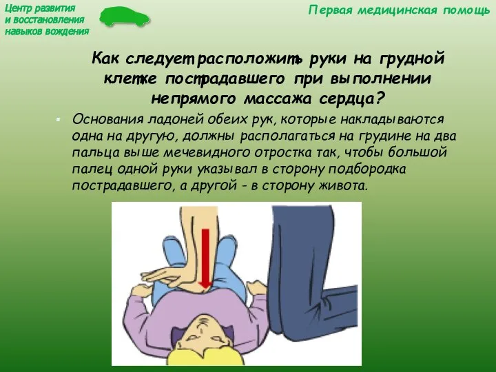 Как следует расположить руки на грудной клетке пострадавшего при выполнении непрямого