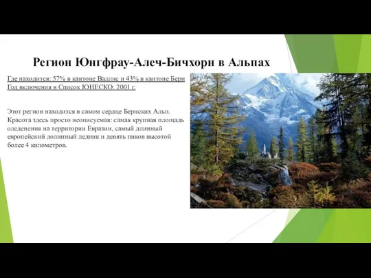 Регион Юнгфрау-Алеч-Бичхорн в Альпах Где находится: 57% в кантоне Валлис и