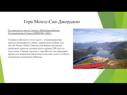 Гора Монте-Сан-Джорджио Где находится: кантон Тичино, Швейцария/Италия Год включения в Список
