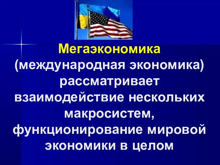 Мегаэкономика (международная экономика) рассматривает взаимодействие нескольких макросистем, функционирование мировой экономики в целом