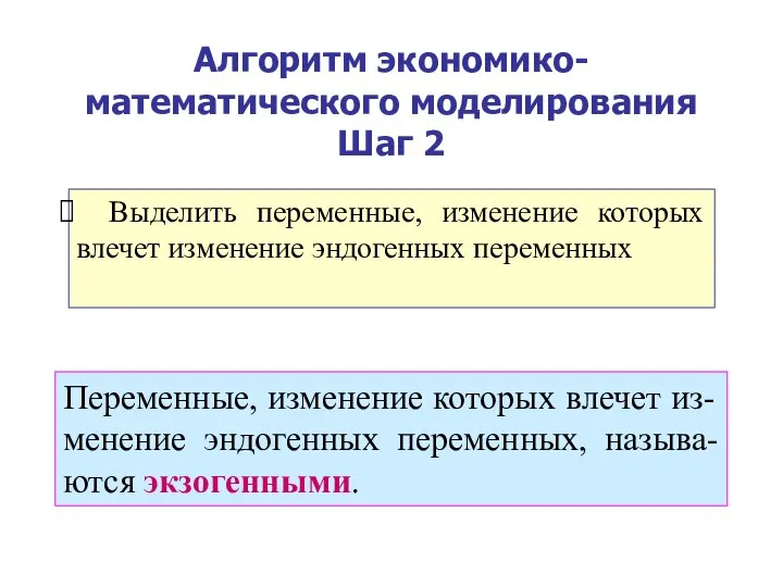 Алгоритм экономико-математического моделирования Шаг 2 Выделить переменные, изменение которых влечет изменение