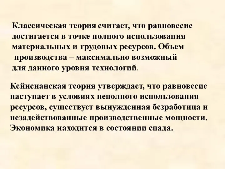 Классическая теория считает, что равновесие достигается в точке полного использования материальных