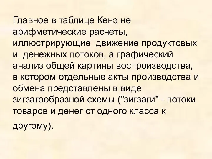 Главное в таблице Кенэ не арифметические расчеты, иллюстрирующие движение продуктовых и