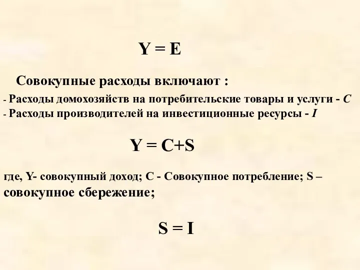 Y = E Совокупные расходы включают : - Расходы домохозяйств на