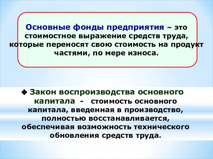 Закон воспроизводства основного капитала - стоимость основного капитала, введенная в производство,