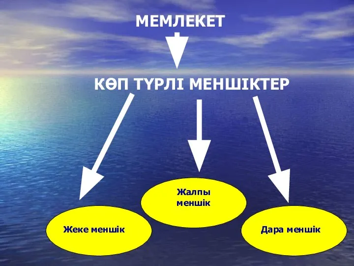 МЕМЛЕКЕТ КӨП ТҮРЛІ МЕНШІКТЕР Жалпы меншік Дара меншік Жеке меншік