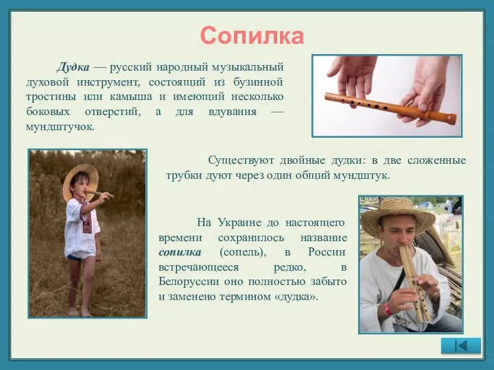 Сопилка Дудка — русский народный музыкальный духовой инструмент, состоящий из бузинной