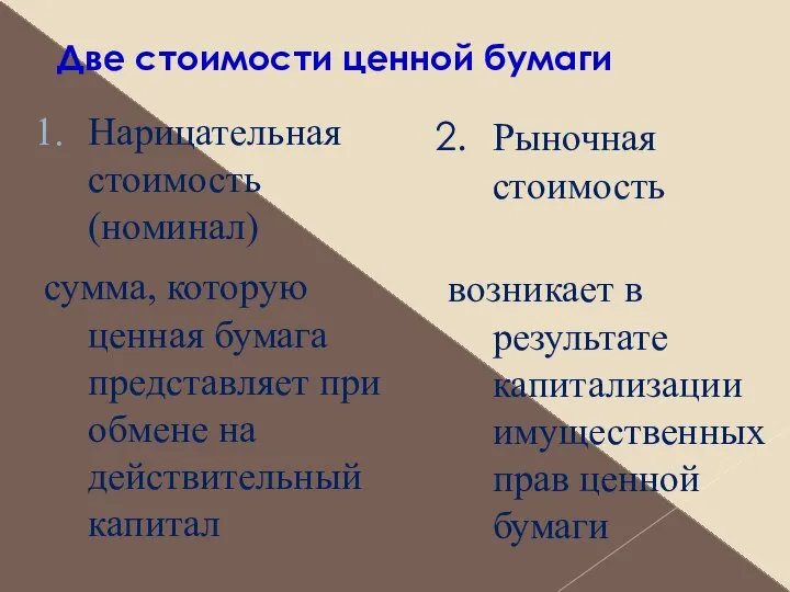 Две стоимости ценной бумаги Нарицательная стоимость (номинал) сумма, которую ценная бумага