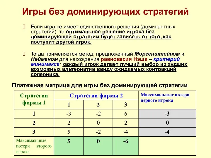 Игры без доминирующих стратегий Если игра не имеет единственного решения (доминантных