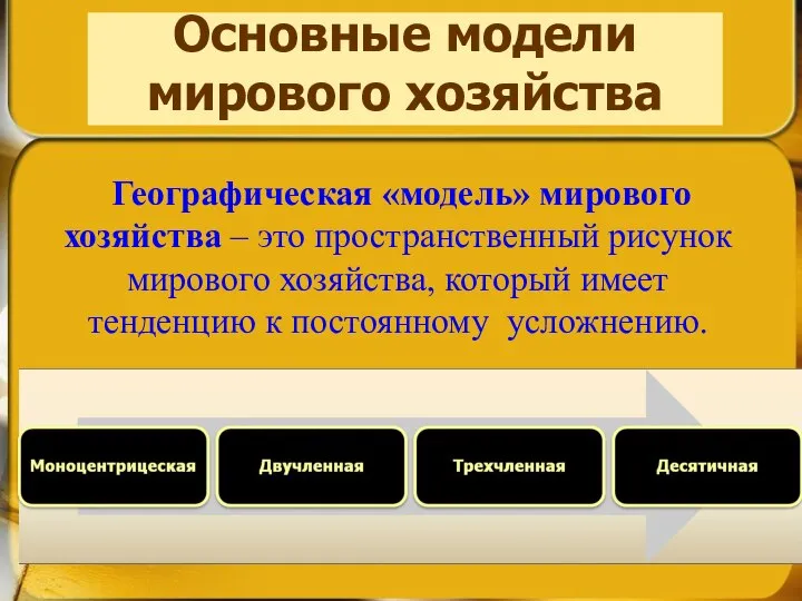 Основные модели мирового хозяйства Географическая «модель» мирового хозяйства – это пространственный