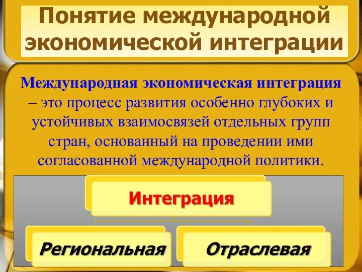 Понятие международной экономической интеграции Международная экономическая интеграция – это процесс развития