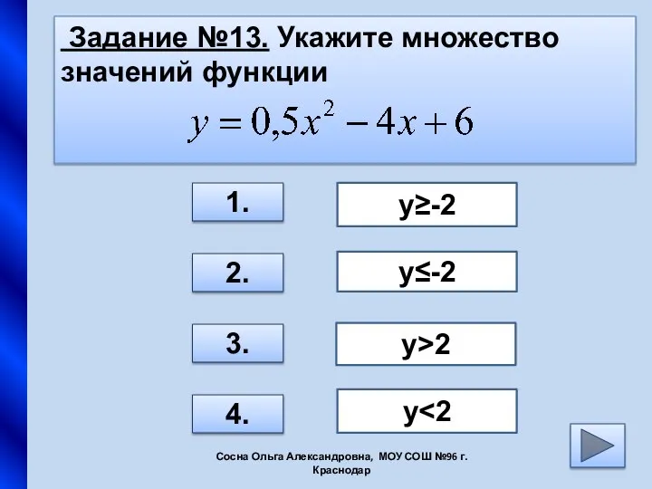 Задание №13. Укажите множество значений функции 1. 2. 3. 4. у≥-2