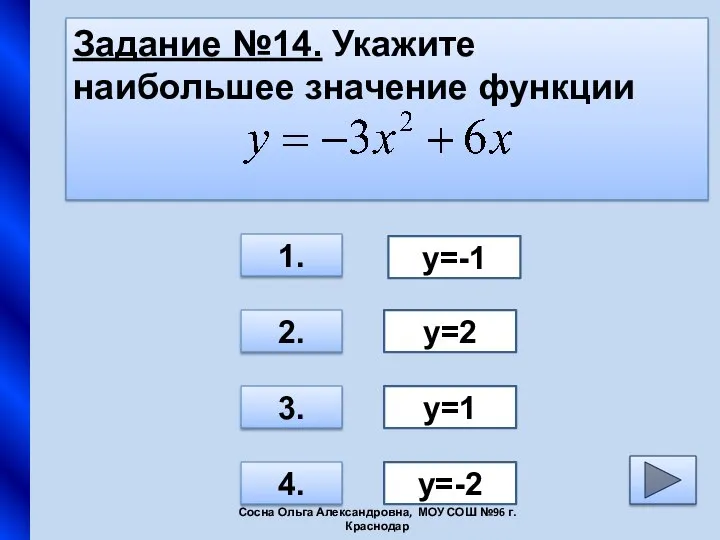 Задание №14. Укажите наибольшее значение функции 1. 2. 3. 4. у=-2