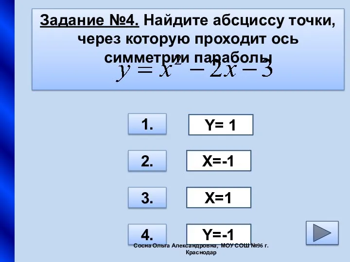 Задание №4. Найдите абсциссу точки,через которую проходит ось симметрии параболы 1.