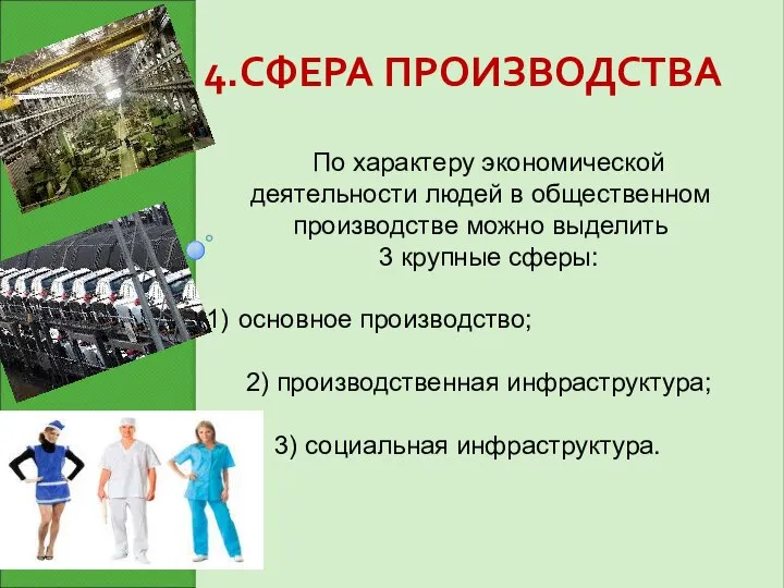 4.СФЕРА ПРОИЗВОДСТВА По характеру экономической деятельности людей в общественном производстве можно