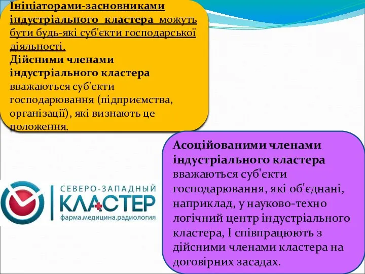 Ініціаторами-засновниками індустріального кластера можуть бути будь-які суб'єкти господарської діяльності. Дійсними членами