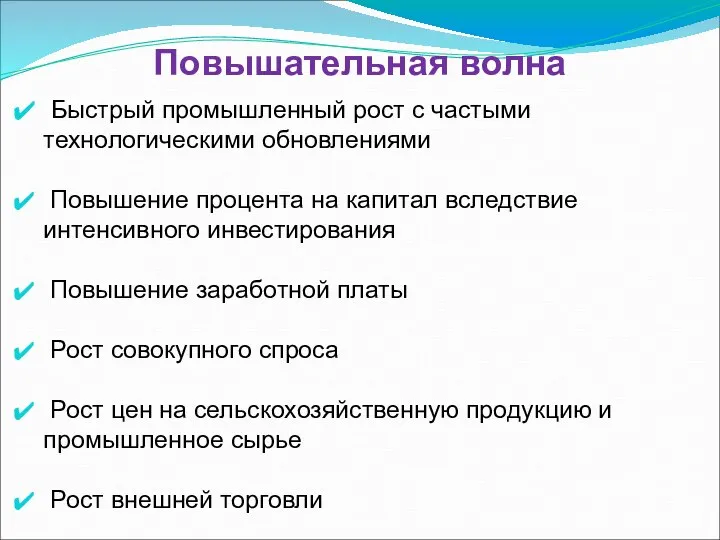 Повышательная волна Быстрый промышленный рост с частыми технологическими обновлениями Повышение процента