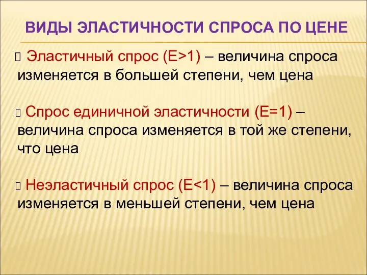 ВИДЫ ЭЛАСТИЧНОСТИ СПРОСА ПО ЦЕНЕ Эластичный спрос (Е>1) – величина спроса