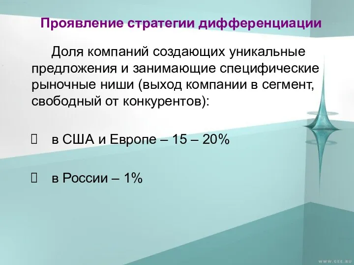 Проявление стратегии дифференциации Доля компаний создающих уникальные предложения и занимающие специфические