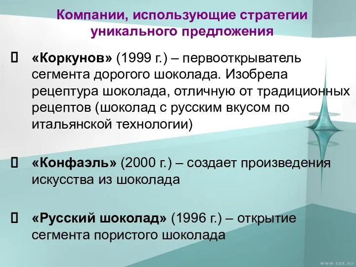 Компании, использующие стратегии уникального предложения «Коркунов» (1999 г.) – первооткрыватель сегмента