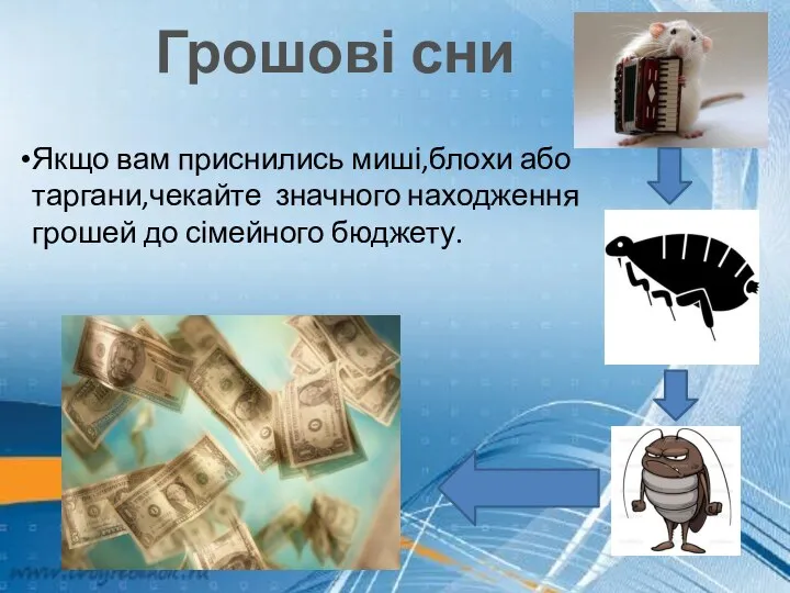 Грошові сни Якщо вам приснились миші,блохи або таргани,чекайте значного находження грошей до сімейного бюджету.