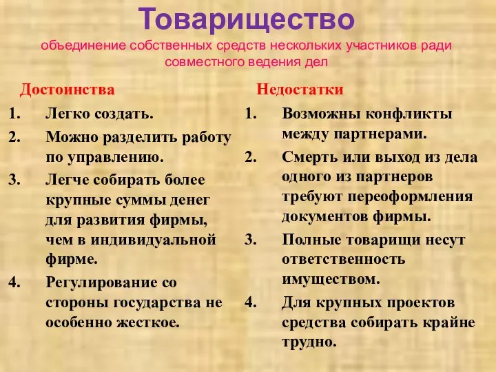 Товарищество объединение собственных средств нескольких участников ради совместного ведения дел Достоинства