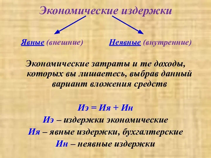 Экономические издержки Экономические затраты и те доходы, которых вы лишаетесь, выбрав