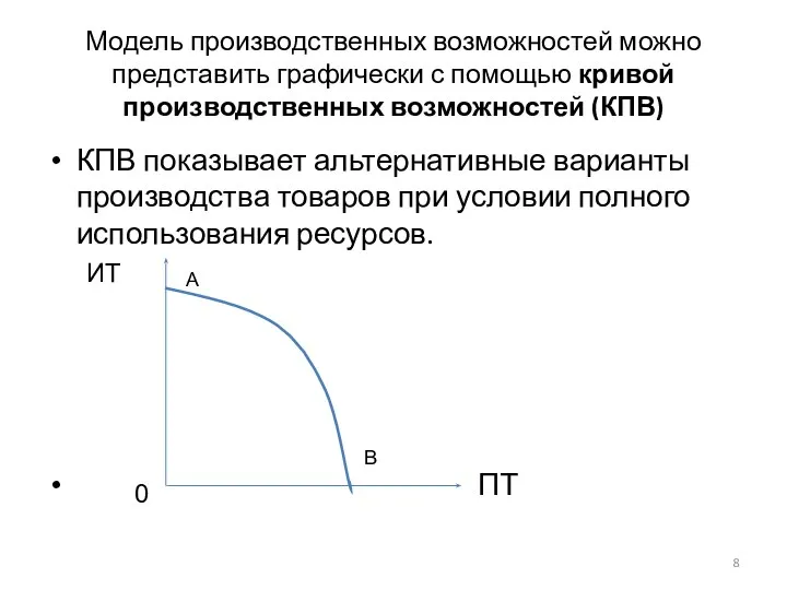 Модель производственных возможностей можно представить графически с помощью кривой производственных возможностей