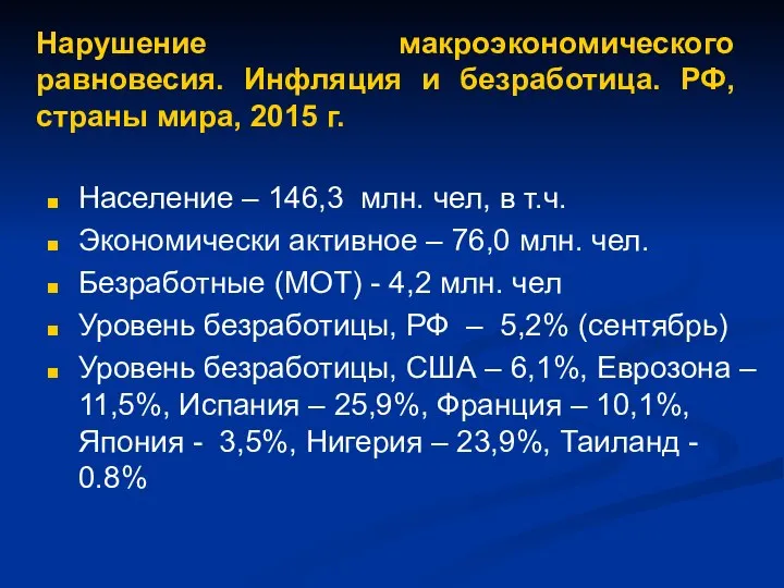 Нарушение макроэкономического равновесия. Инфляция и безработица. РФ, страны мира, 2015 г.