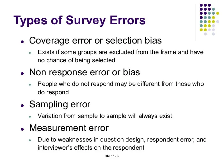 Chap 1- Types of Survey Errors Coverage error or selection bias