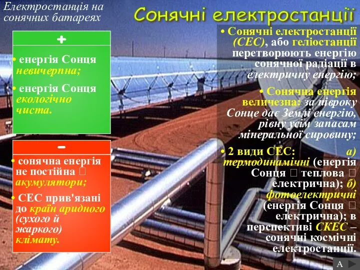 Електростанція на сонячних батареях Сонячні електростанції (СЕС), або геліостанції перетворюють енергію