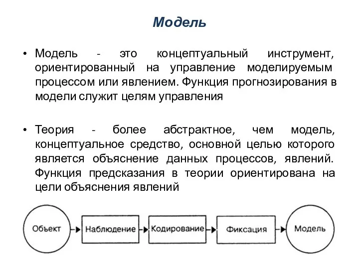 Модель Модель - это концептуальный инструмент, ориентированный на управление моделируемым процессом