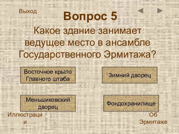 Вопрос 5 Какое здание занимает ведущее место в ансамбле Государственного Эрмитажа?